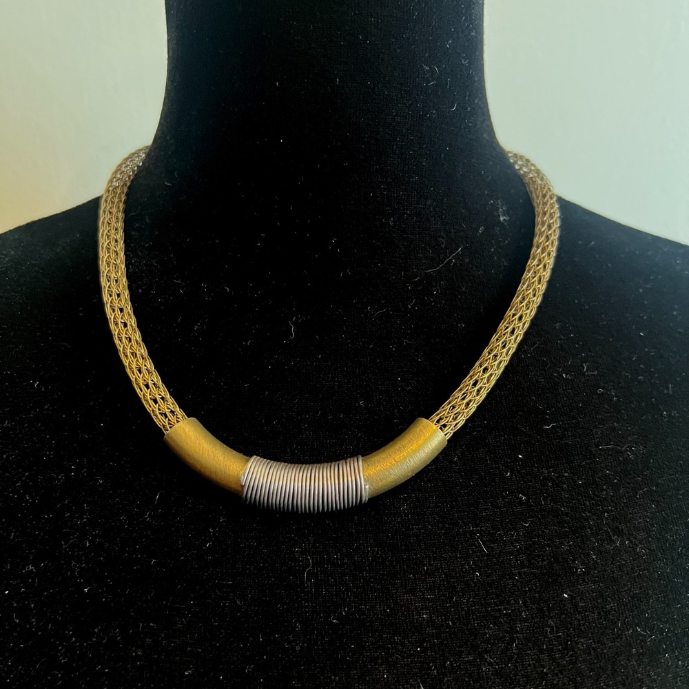 Marjorie Baer SF Brutalist Modernist Abstract Mixed Metals Mesh Necklace Vintage